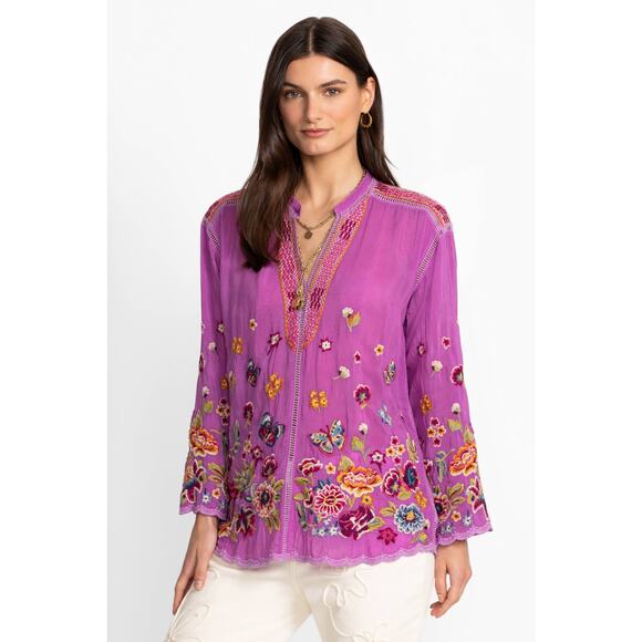 Johnny Was Tops - Johnny Was Women's Embellished Maude Blouse Long Sleeve Purple Size PXL NWT